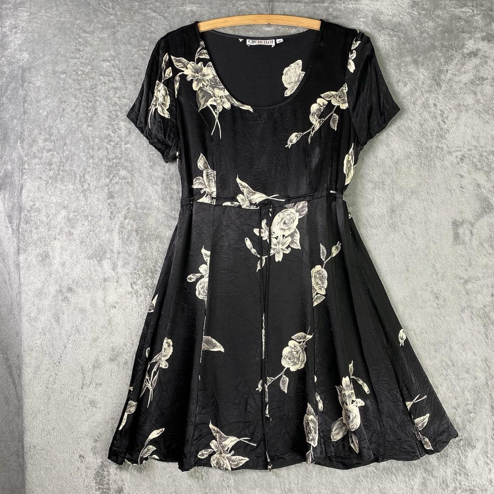Vtg 90s Babydoll Dress Womens Sz M Black Dark Floral Fairy Grunge Whimsigoth USA
